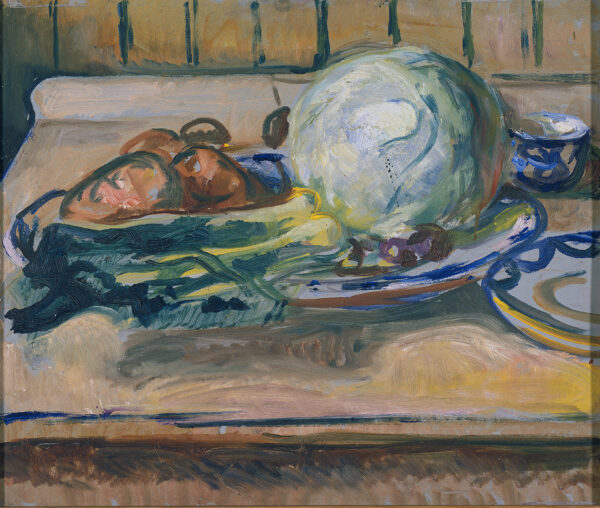 Edvard Munch, Still Life with Cabbage: a large cabbage on a pale cloth, with reddish-brown onions, dark green leaves and a blue and white cup beside it; hand-painted reproduction.