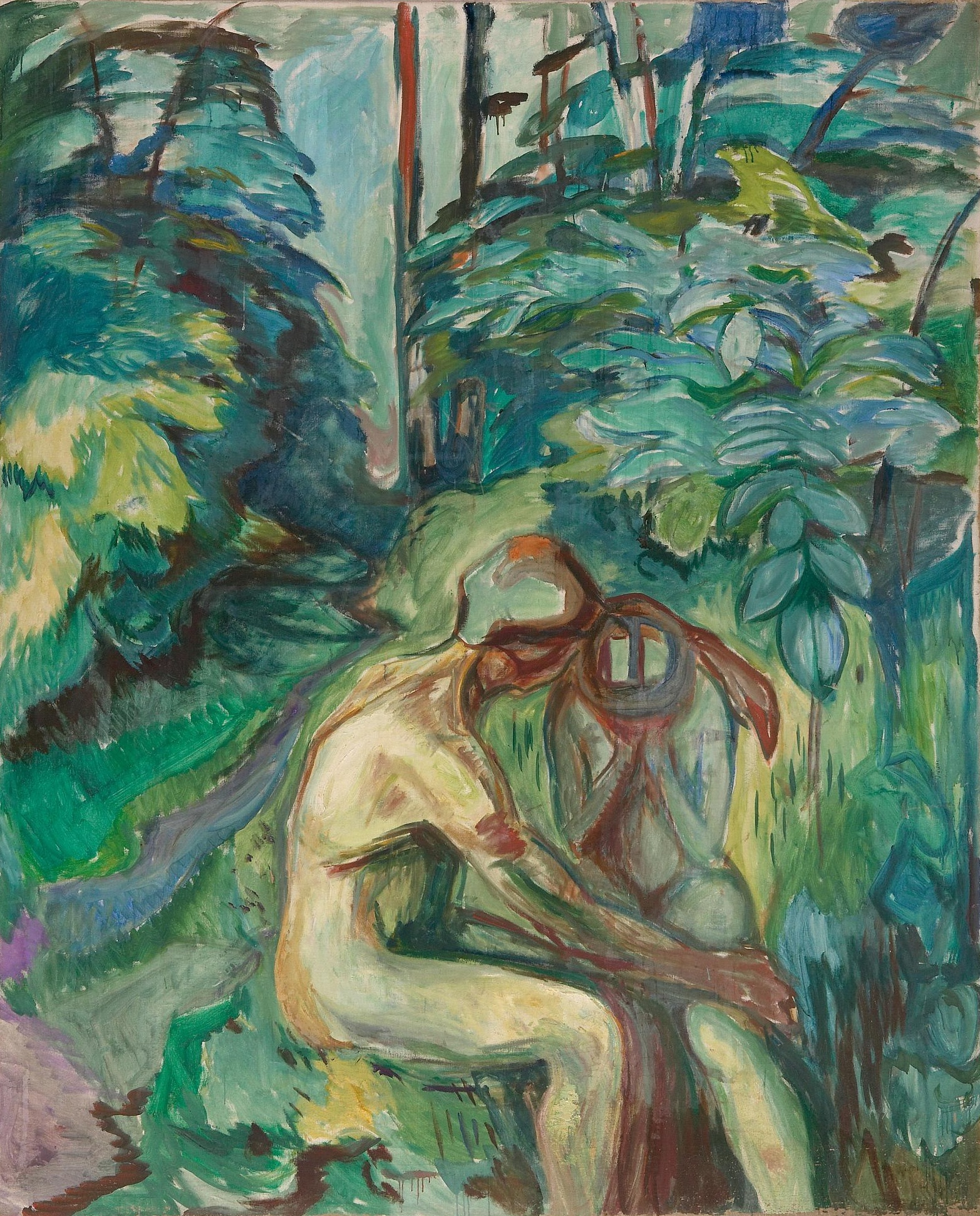 Edvard Munch, Trost im Wald: zwei nackte Gestalten sitzen in einem dichten grünen Wald, die eine nach vorn gebeugt, die andere hält sie, rotbraune Konturlinien laufen durch beide Körper; handgemalte Reproduktion.