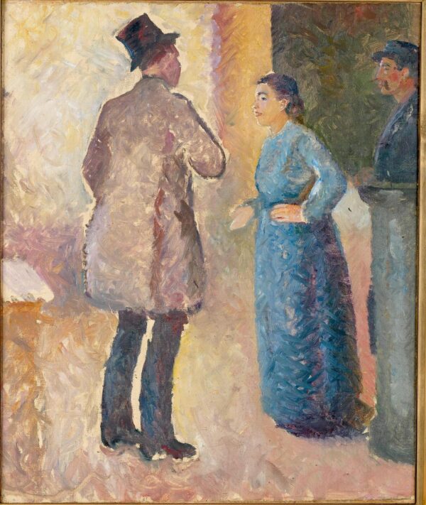 Edvard Munch, In the Cafe: a man in a top hat seen from behind, a woman in a blue dress facing him, and a man in a cap leaning on a post at the right edge; hand-painted reproduction.
