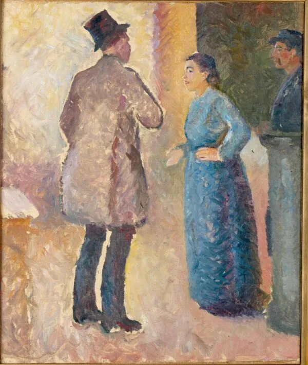 Edvard Munch, Al caffè: un uomo col cilindro visto di spalle, una donna in abito blu rivolta verso di lui e, sul margine destro, un uomo col berretto appoggiato a un palo; riproduzione dipinta a mano.