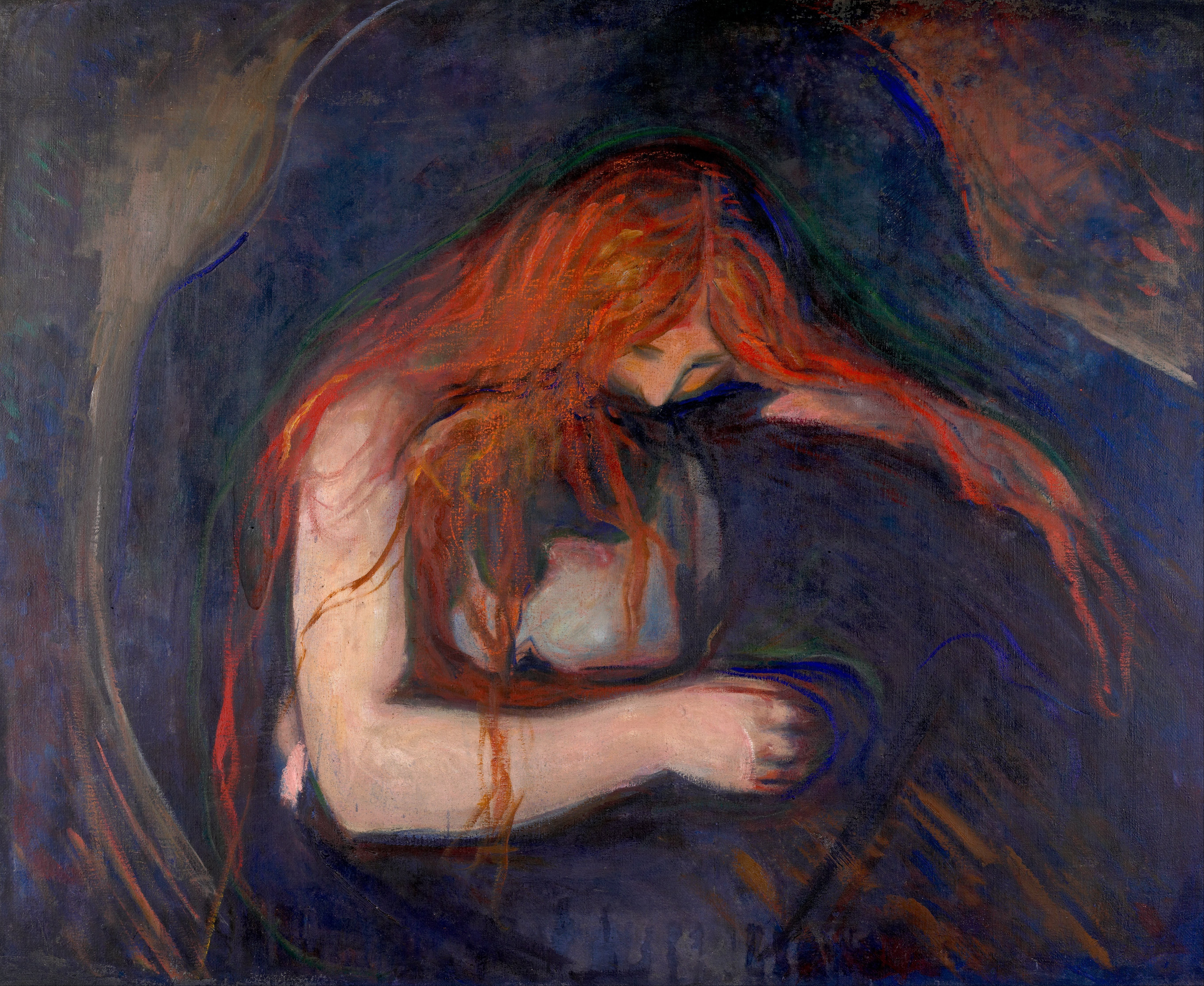 Edvard Munch, Vampir – das Motiv, das wir als handgemaltes Leinwandgemälde ausführen: eine rothaarige Frau beugt sich über einen Mann vor dunkelblauem Grund.