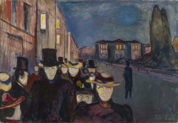 Edvard Munch, Evening on Karl Johan – hand-painted on canvas: a crowd of pale faces in dark clothes, a lone figure at the right.