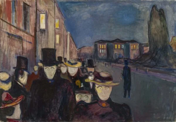 Edvard Munch, Sera a Karl Johan – quadro dipinto a mano su tela: una folla di volti pallidi, a destra una figura solitaria.