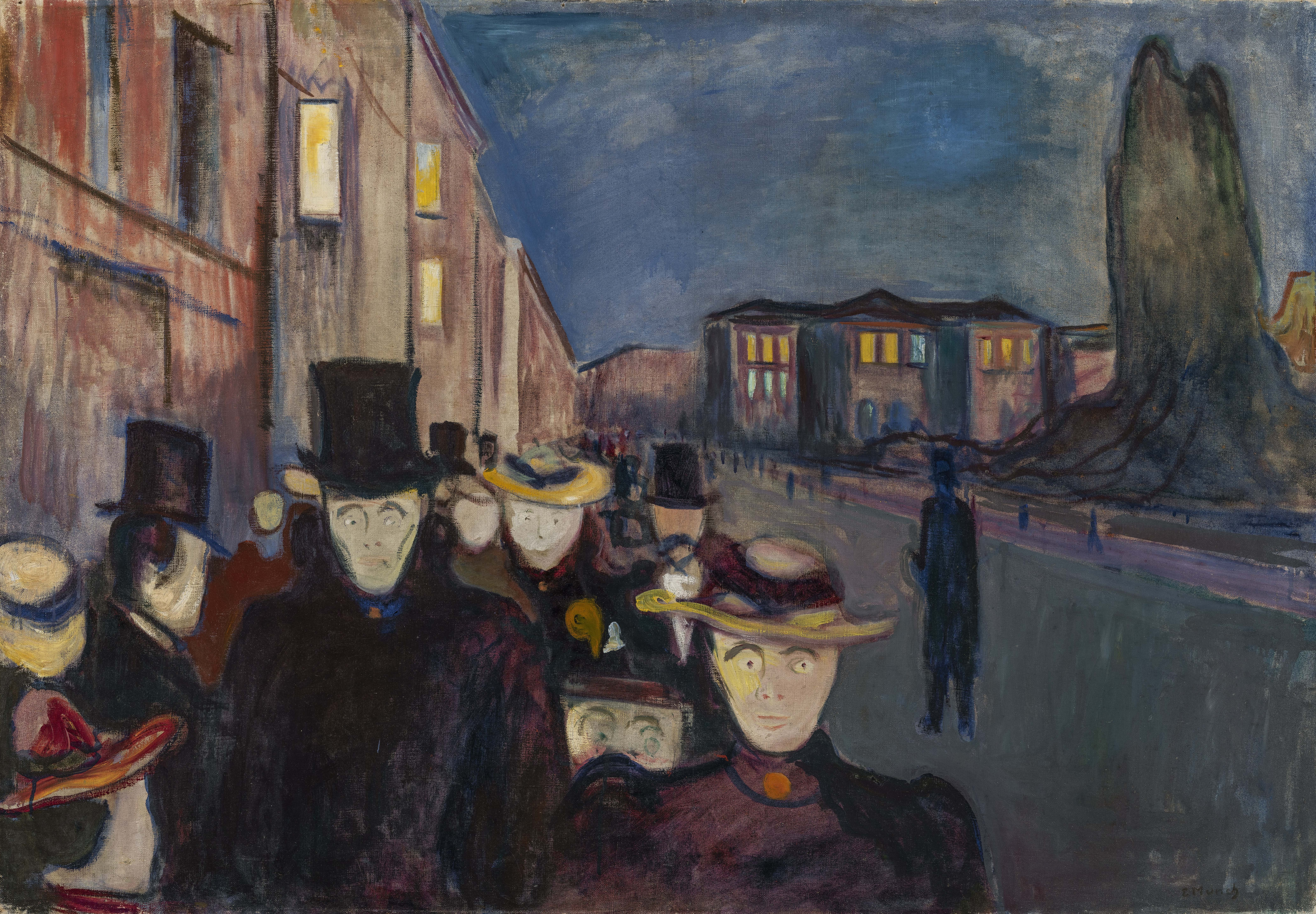 Edvard Munch, Sera a Karl Johan – quadro dipinto a mano su tela: una folla di volti pallidi, a destra una figura solitaria.