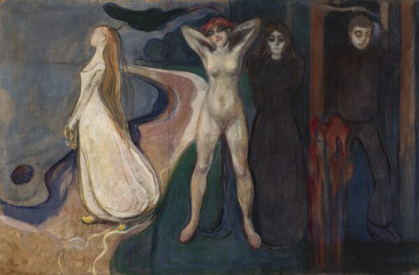 Edvard Munch, The Woman in Three Stages – hand-painted on canvas: three female figures by the shore, a dark male figure right.