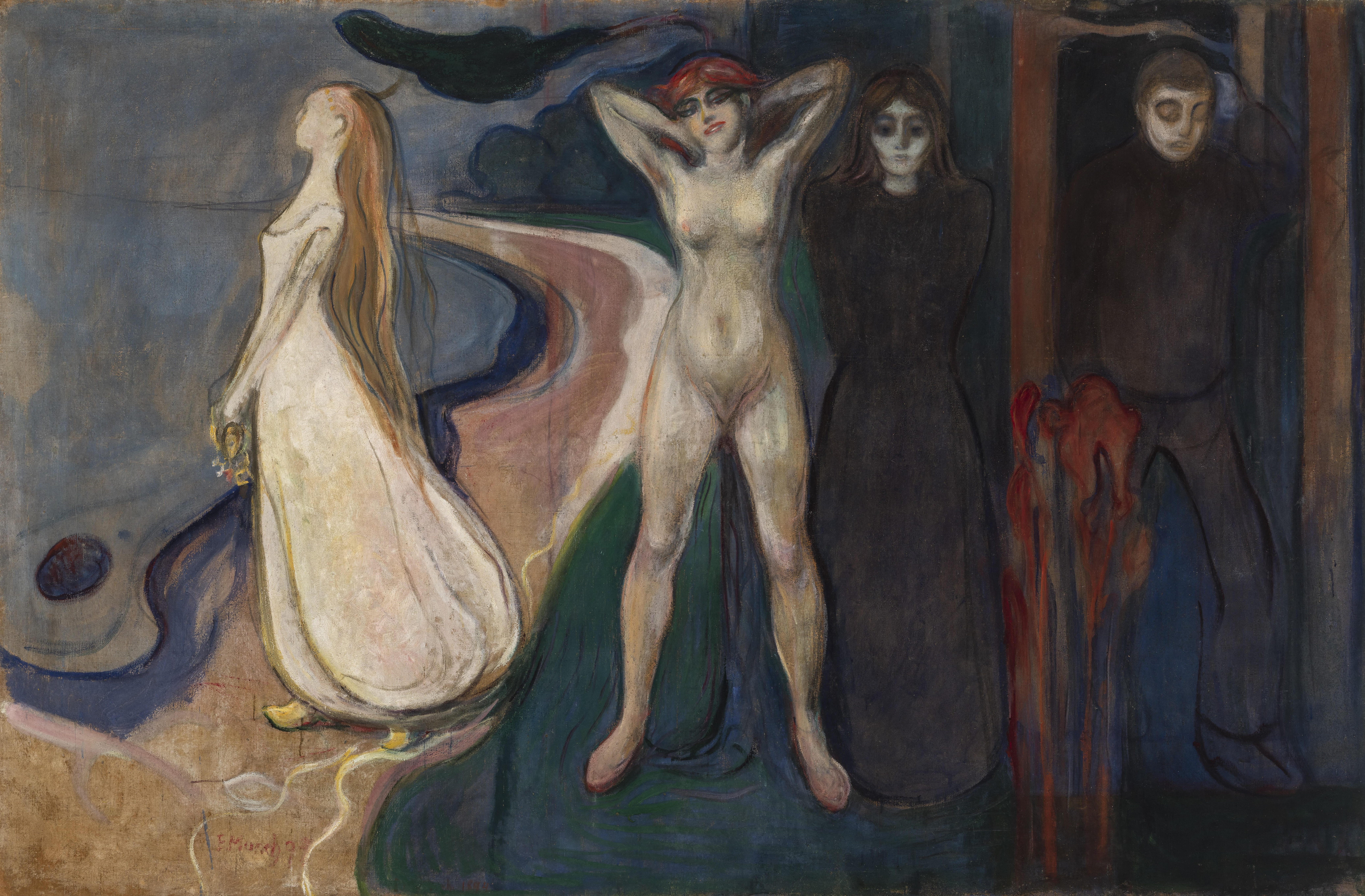 Edvard Munch, Ženska v treh fazah – ročno naslikana na platno: tri ženske postave ob obali, desno temna moška figura.