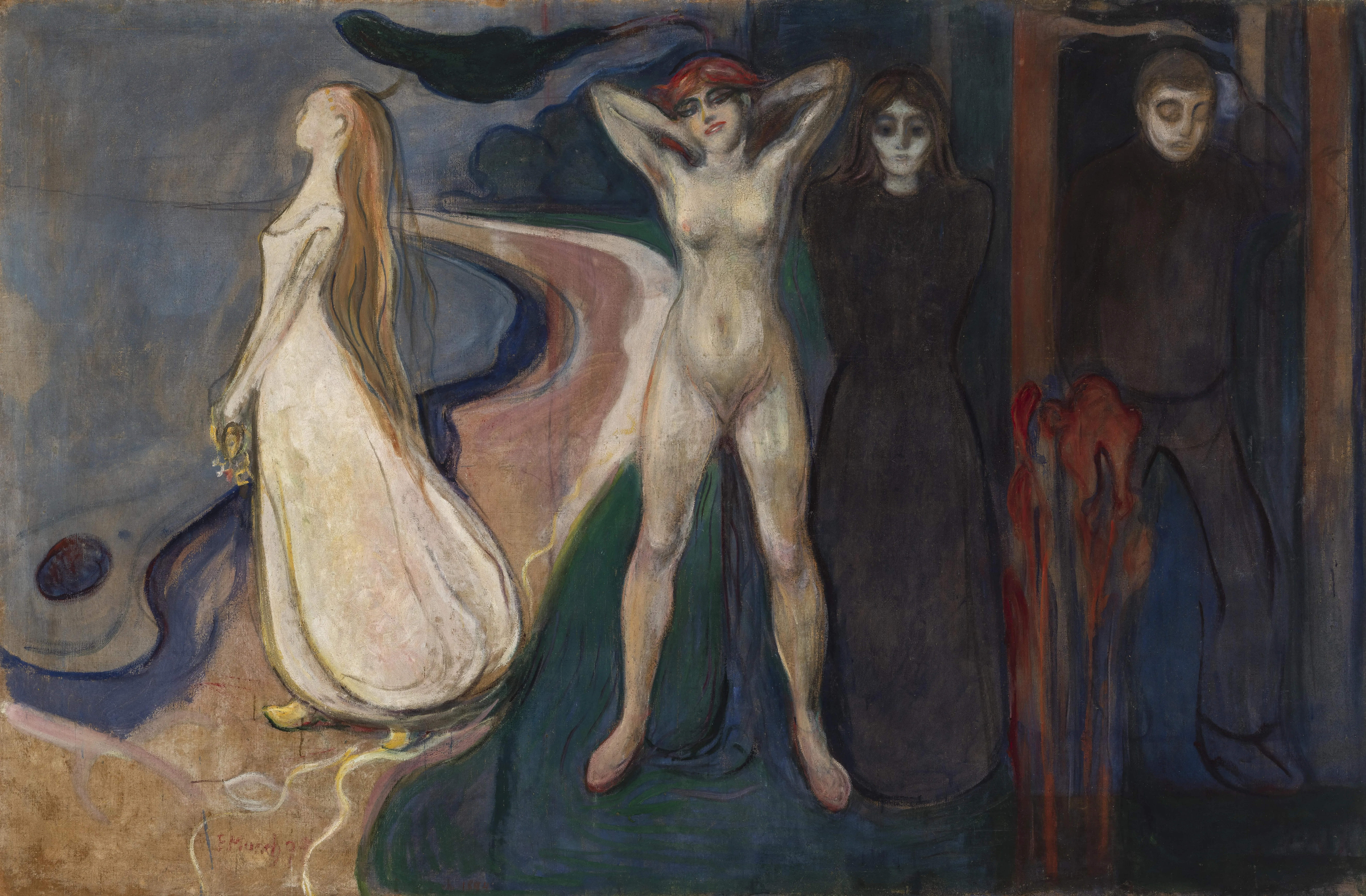 Edvard Munch, La donna in tre stadi – quadro dipinto a mano su tela: tre figure femminili sulla riva e un uomo scuro a destra.