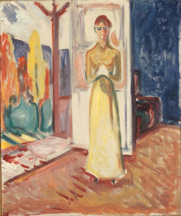 Edvard Munch, Woman Standing in the Doorway: a woman in a long pale dress stands frontally in a door opening, a view of autumn trees at the left and a deep blue wall at the right; hand-painted reproduction.