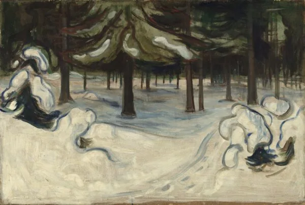 Edvard Munch, Inverno nel bosco, Nordstrand – bosco innevato: tronchi di abete scuri si alzano dalla neve alta, sopra una pesante chioma carica di neve, sotto un cumulo bianco; riproduzione dipinta a mano.