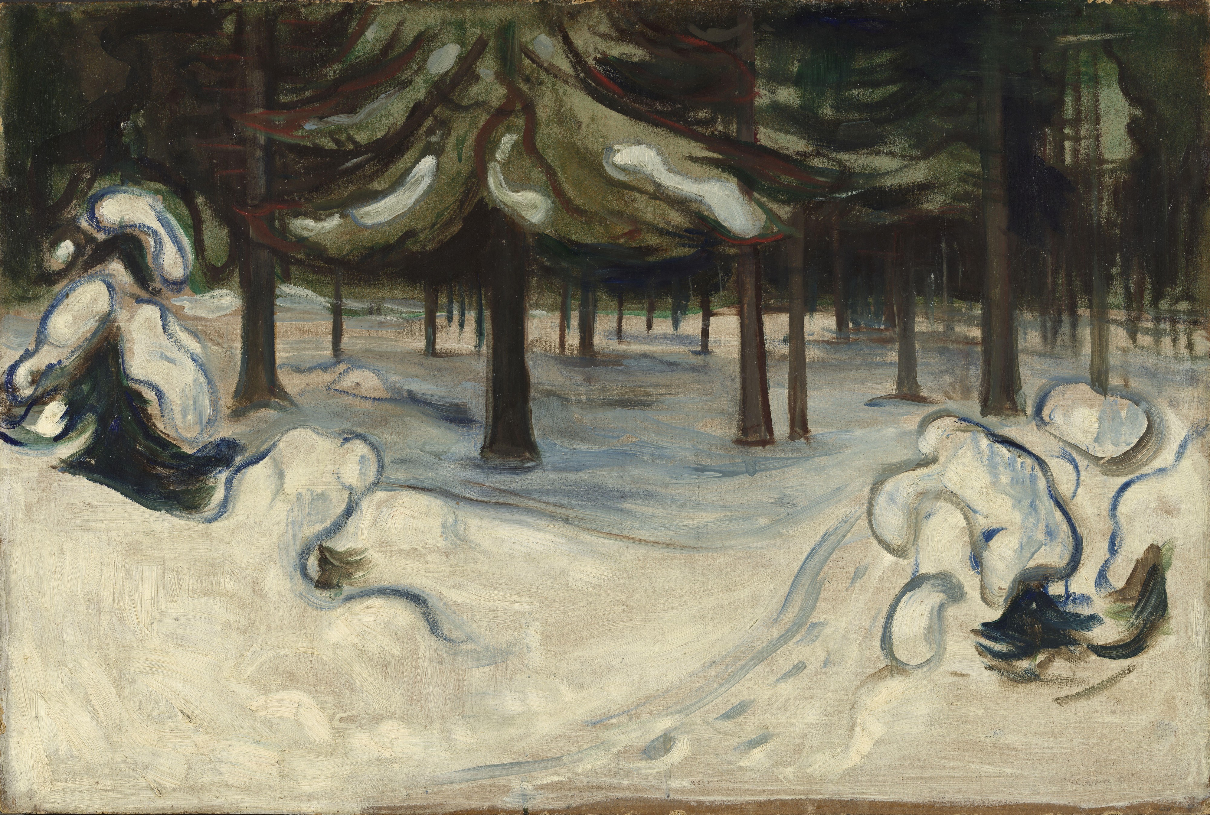 Edvard Munch, Winter im Wald, Nordstrand – verschneiter Wald: dunkle Fichtenstämme steigen aus tiefem Schnee auf, oben ein schweres schneebedecktes Kronendach, unten eine weiße Wehe; handgemalte Reproduktion.
