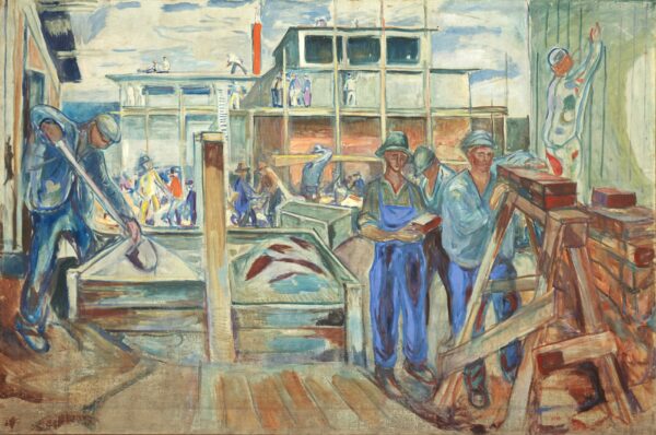 Edvard Munch, Das Winteratelier im Bau: Arbeiter in blauem Arbeitszeug auf einer Baustelle, einer schaufelt, drei stehen mit Brett und Balken, dahinter steigt das Betongerippe eines Gebäudes auf; handgemalte Reproduktion.