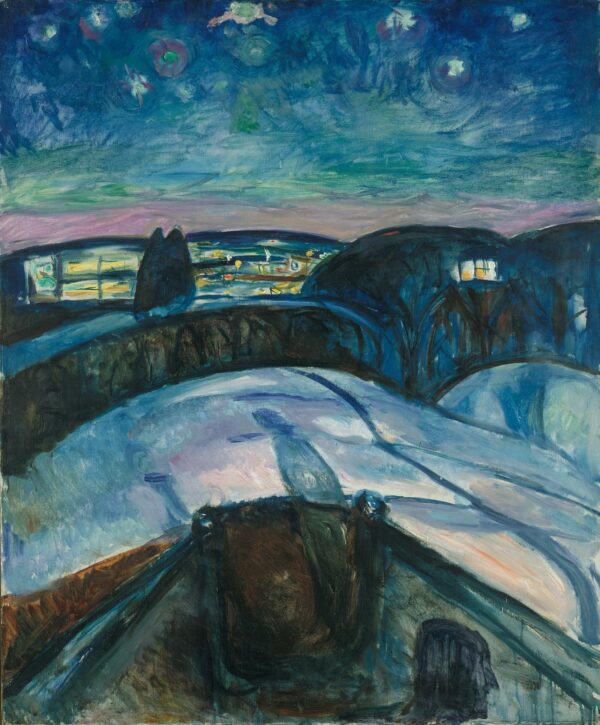 Edvard Munch, Zvezdna noč – nočna pokrajina: velike zvezde s svetlobnimi obroči nad temnim grebenom z osvetljenimi okni, spodaj svetlo pobočje s potjo; ročno naslikana reprodukcija.