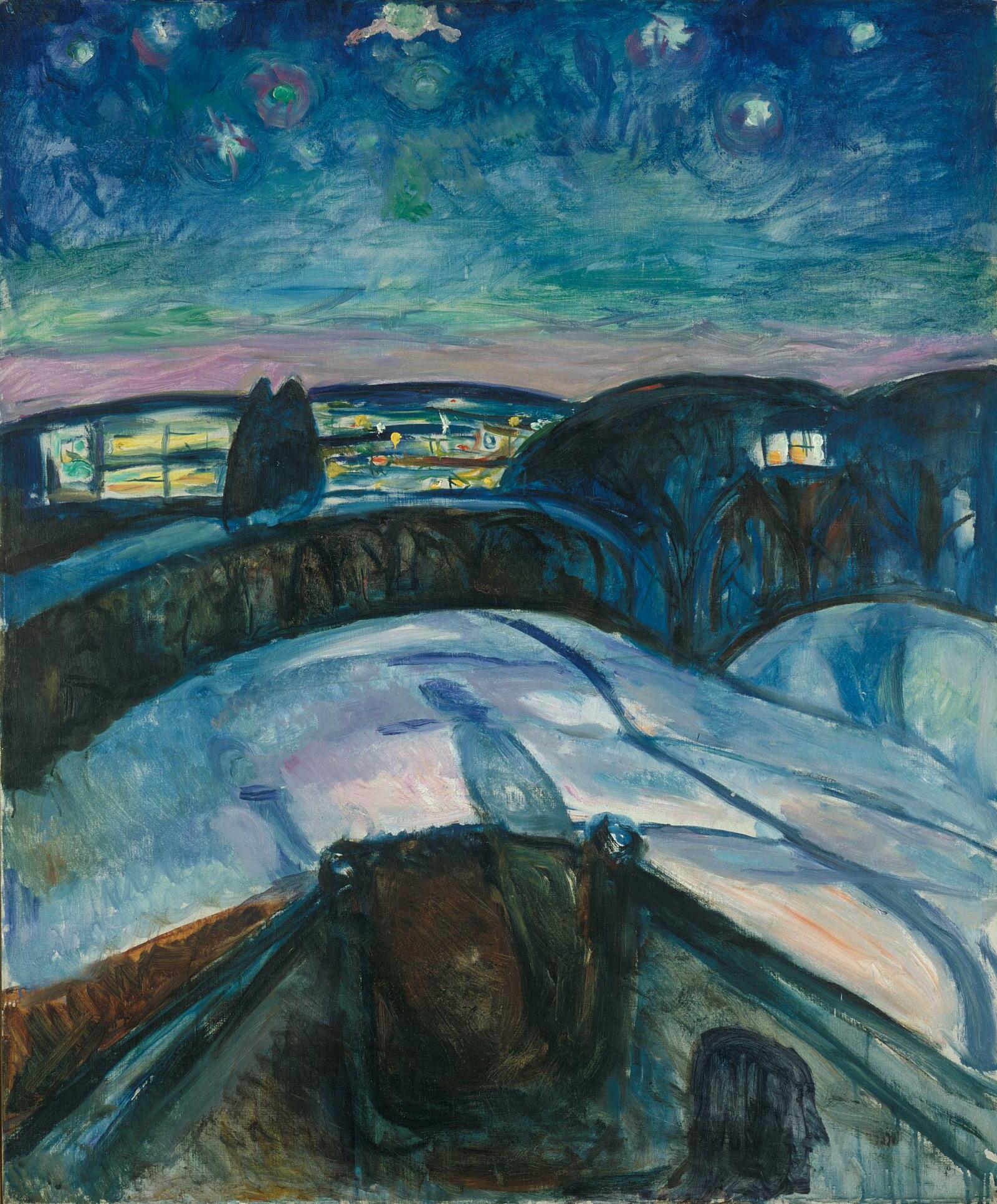 Edvard Munch, Zvjezdana noć – noćni krajolik: velike zvijezde sa svjetlosnim prstenima nad tamnim grebenom s osvijetljenim prozorima, dolje svijetla padina sa stazom; ručno naslikana reprodukcija.