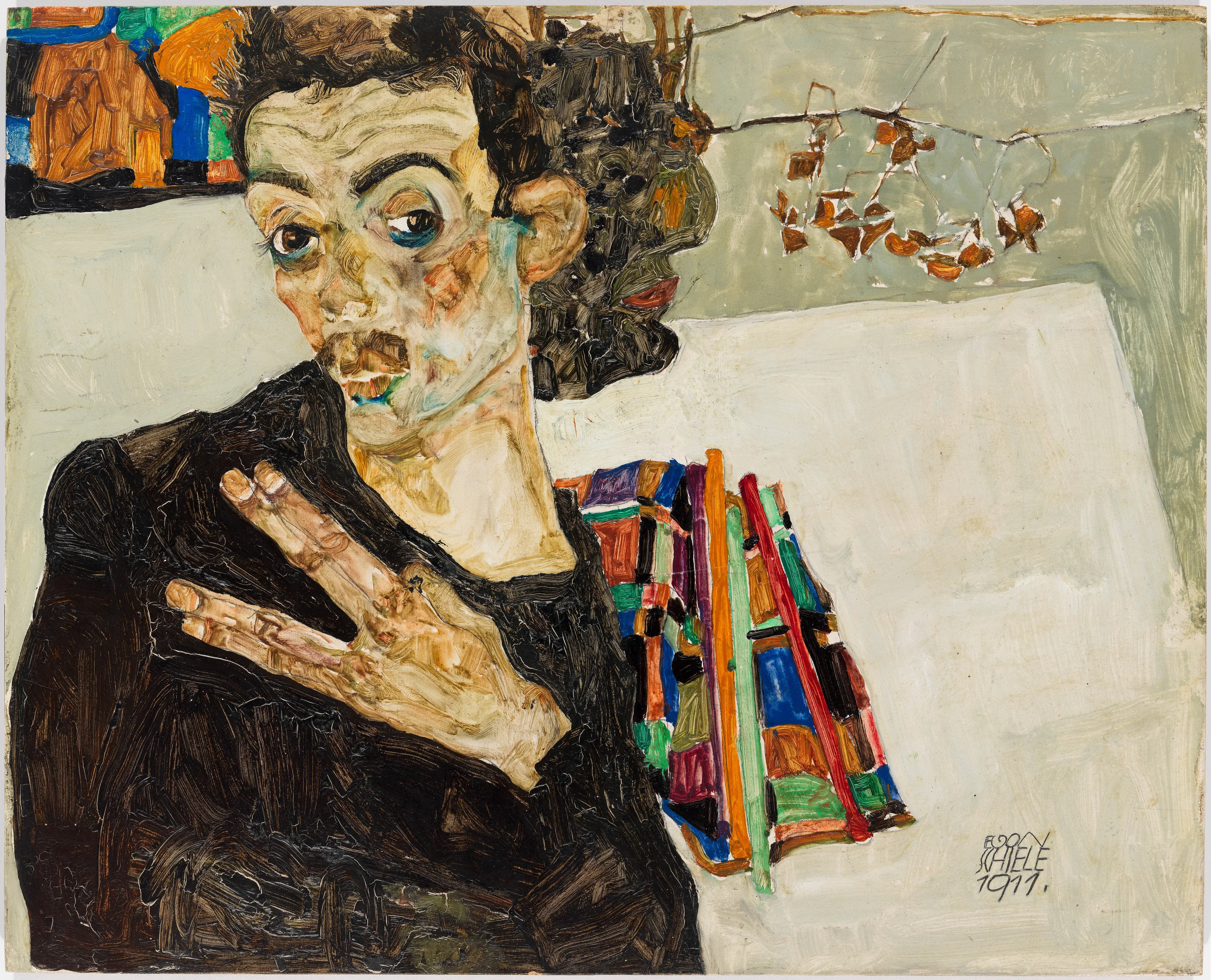 Egon Schiele - Autoportret s crnom glinenom posudom - umjetnička slika za dnevni boravak - reprodukcija na platnu