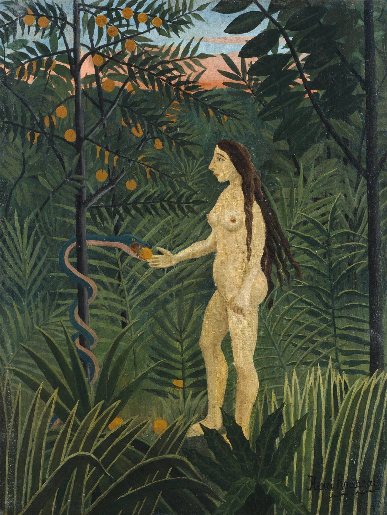 Eve and the Serpent, Henri Rousseau – a nude figure in profile taking an orange fruit from a blue-green snake in dense dark jungle