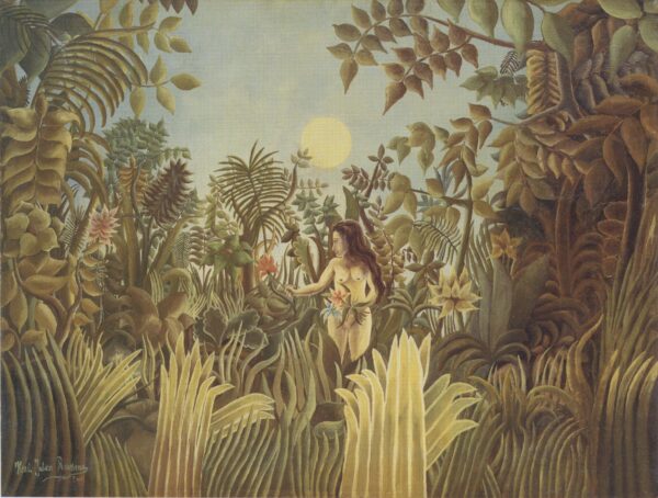Henri Rousseau, Eva im Garten Eden, 1908 - eine nackte Eva mit langem rotem Haar greift nach einem Zweig mit einer Schlange, ockergelber Bewuchs mit grünlichen Blättern und eine blasse Sonne