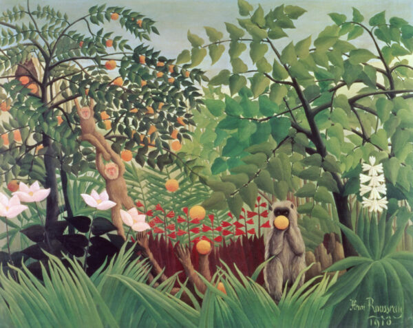 Exotische Landschaft, Henri Rousseau 1910 – zwei Affen an einem Stamm und ein großes graues Tier mit orangefarbener Frucht im hellen Dschungel