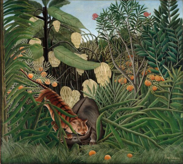 Fight between a Tiger and a Buffalo, Henri Rousseau 1908 – a tiger with its jaws at a buffalo’s throat in dense jungle foliage