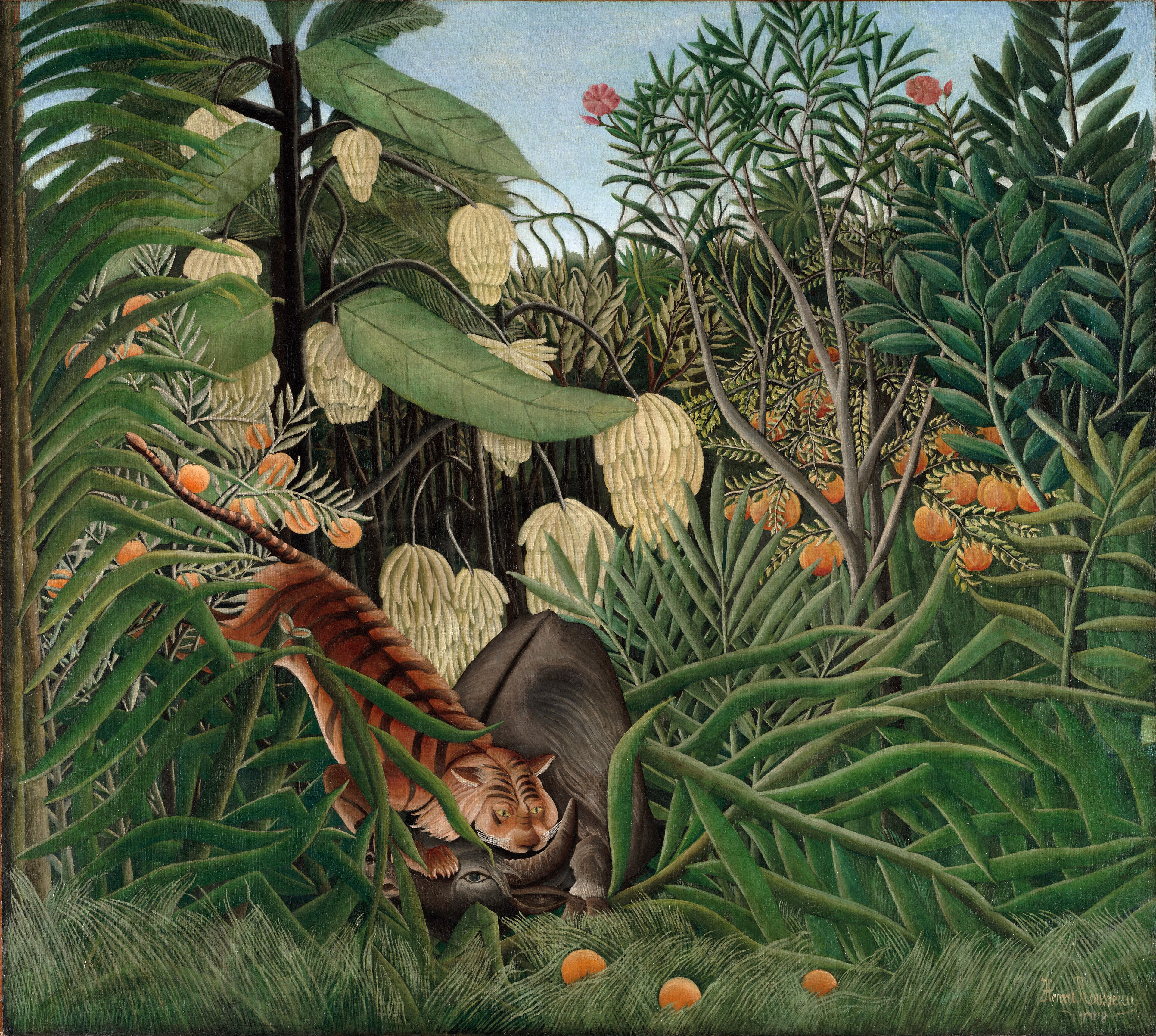 Fight between a Tiger and a Buffalo, Henri Rousseau 1908 – a tiger with its jaws at a buffalo’s throat in dense jungle foliage