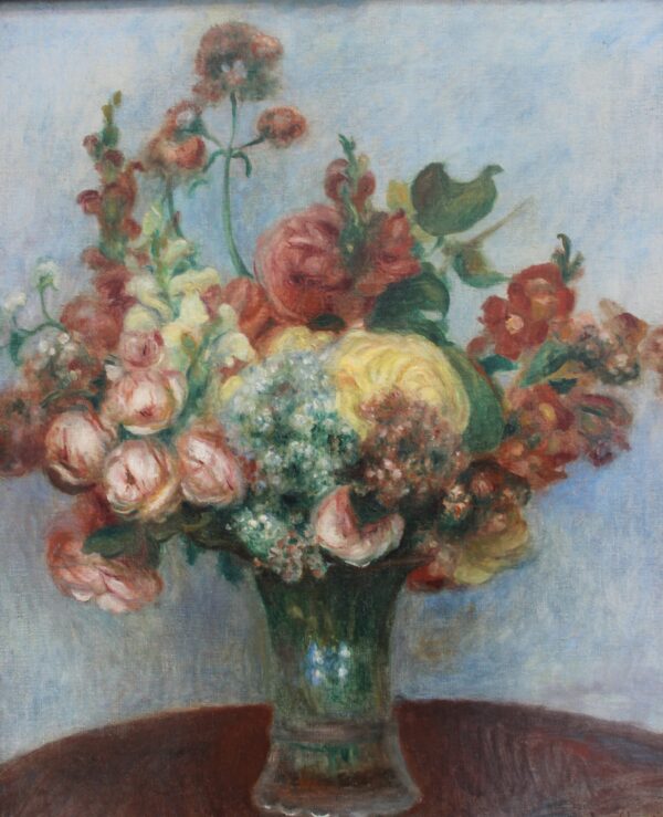 Flowers in a Vase, a dense bouquet of pink roses and red blooms in a glass vase on a dark table – hand-painted oil reproduction of Renoir’s painting