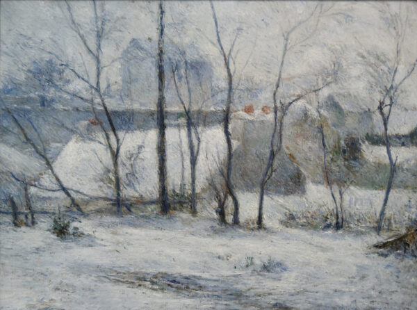 Paul Gauguin – Kert a hó alatt, havas kert csupasz fákkal és mögöttük hóval fedett tetőkkel, híres festmények