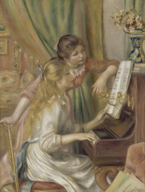 Girls at the Piano, a fair-haired girl at the piano and a second pointing at the score – hand-painted oil reproduction of Renoir’s painting