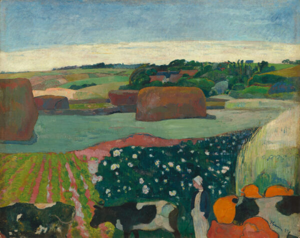 Paul Gauguin – Szénaboglyák Bretagne-ban, két szénaboglya a mezőn, tehenek és két dolgozó alak, fali festmény