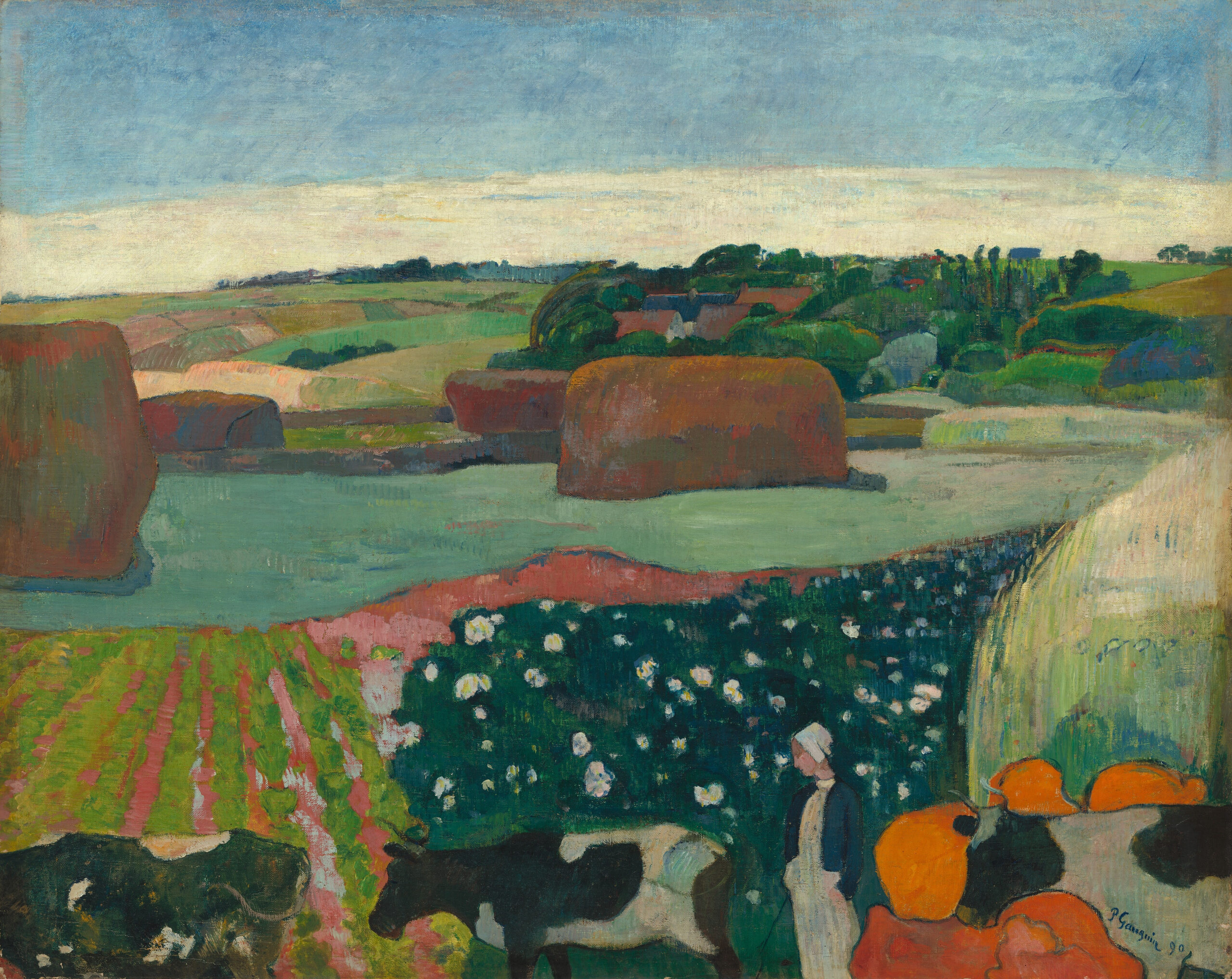 Paul Gauguin – Heuhaufen in der Bretagne, zwei Heuhaufen auf einem Feld, Kühe und zwei arbeitende Gestalten, Kunstwerke auf Leinwand