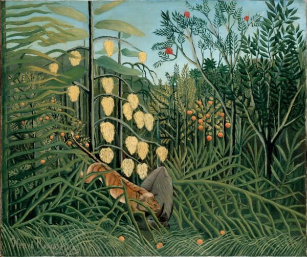 A trópusi erdőben: tigris és bika küzdelme, Henri Rousseau 1908 – tigris a szürke bika fölött, magas fűszálaktól félig takarva