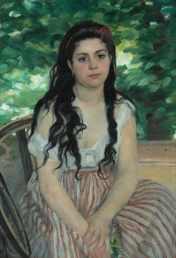 In the Summer, a seated young woman with long dark hair and a white chemise against green foliage – hand-painted oil reproduction of Renoir’s painting