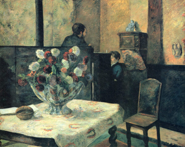 Paul Gauguin – Interieur aus dem Haus des Malers, Rue Carcel, ein großer Strauß auf weißem Tisch, hinter der Holzwand zwei Gestalten, rechts ein leerer Stuhl, Ölgemälde Reproduktion