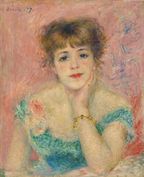 Portrait of the Actress Jeanne Samary, a young woman with her chin on her hand in a blue-green dress against a pink ground – hand-painted oil reproduction of Renoir’s painting