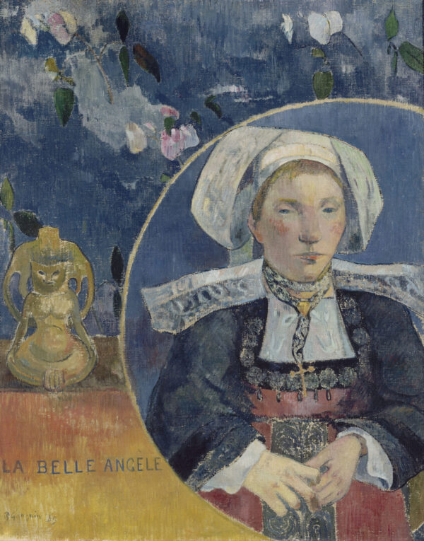 Paul Gauguin – La belle Angèle, eine Frau mit bretonischer Haube in einem gemalten Kreis, daneben ein Gefäß in Gestalt einer Figur, Gemälde auf Leinwand
