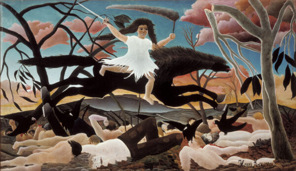 Vojna, Henri Rousseau 1894 – mlada postava z mečem in baklo na temni živali skoči čez nebo, spodaj bledi telesi in črne ptice