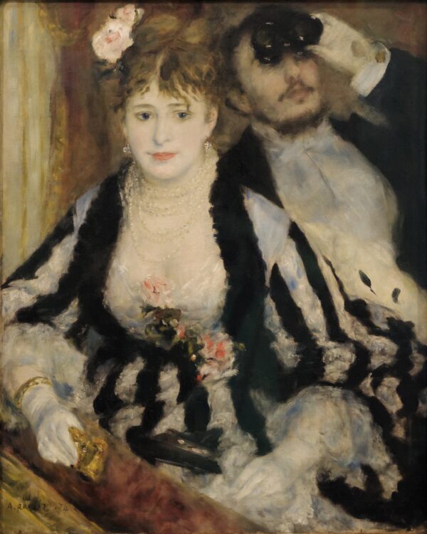 La Loge, a woman in a black-and-white striped gown holding opera glasses with a man behind her – hand-painted oil reproduction of Renoir’s painting