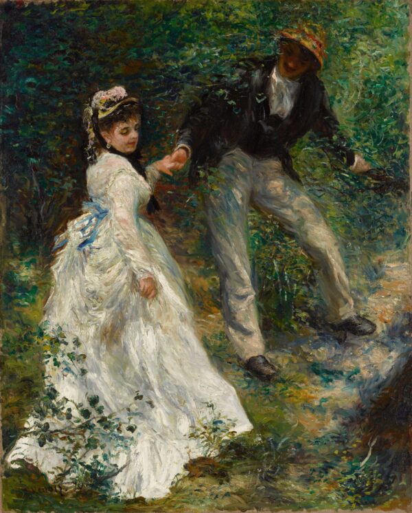 La Promenade, a young man helping a woman in a white dress up a bank amid dense green foliage – hand-painted oil reproduction of Renoir’s painting