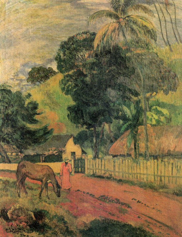 Paul Gauguin – Landschaft mit Pferd auf der Straße, eine rosa Straße, daneben ein Pferd, hinter dem Zaun ein Haus und ein Strohdach, Museumsqualität