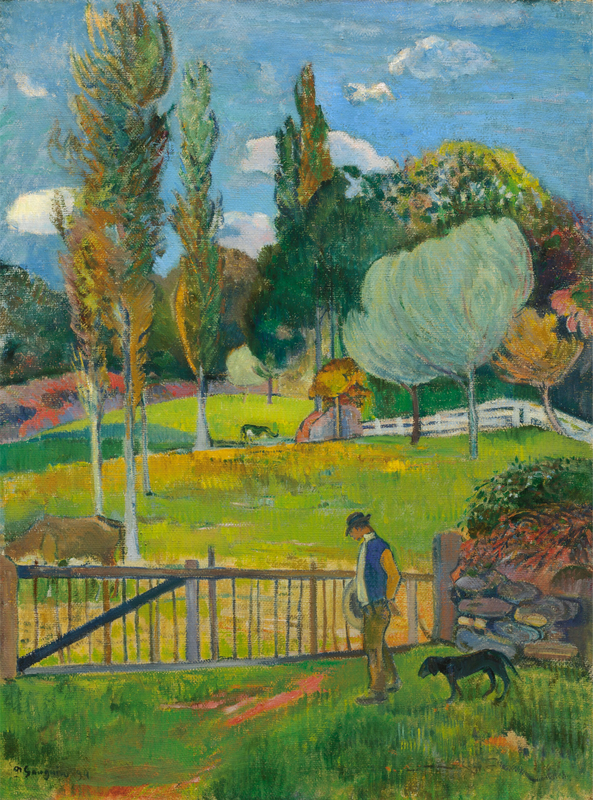 Paul Gauguin – Landschaft in Le Pouldu, ein geschlossenes Holztor im Vordergrund, dahinter eine Wiese mit Pappeln, davor ein Mann und ein, handgemaltes Leinwandgemälde