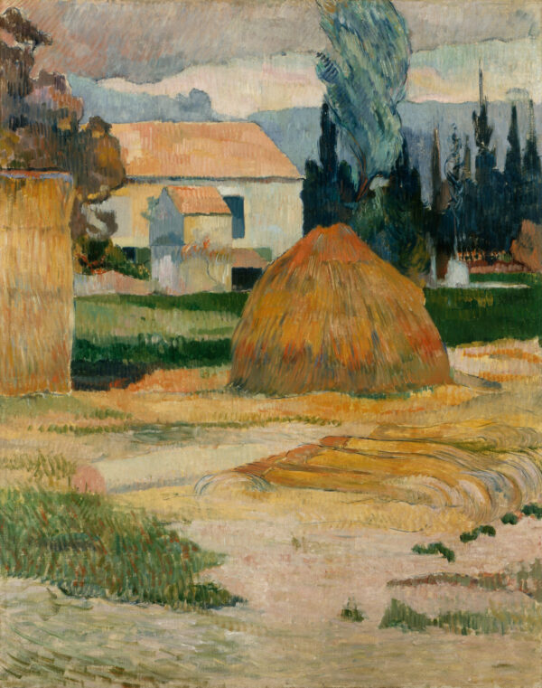 Paul Gauguin – Landschaft bei Arles, ein großer Heuschober, daneben weiße Gehöftbauten und dunkle Bäume, davor ein sandiger Weg, Ölgemälde Reproduktion