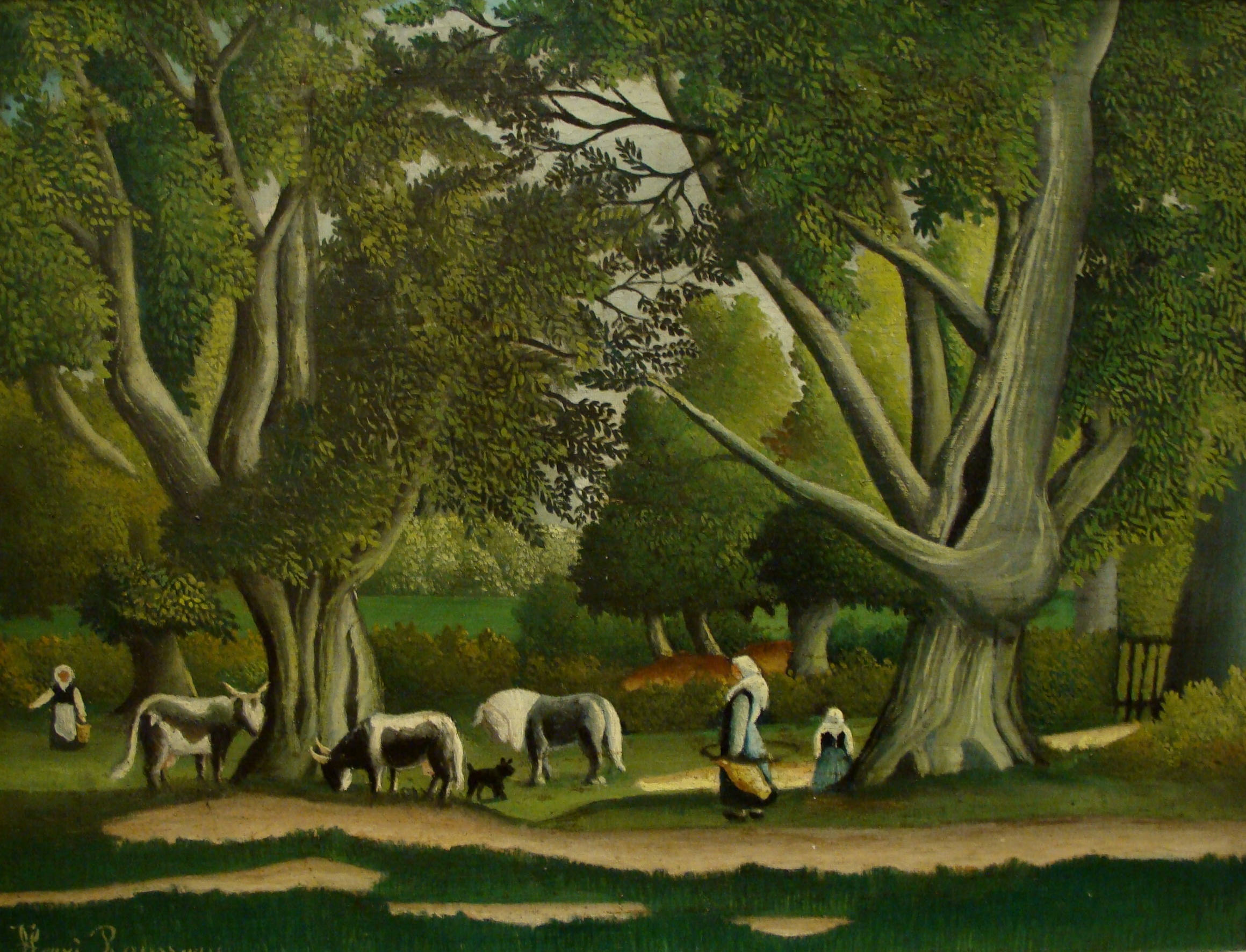 Landscape With Milkmaids, Henri Rousseau 1906 – a donkey, a cow and a horse in a clearing between two enormous trees, with three figures