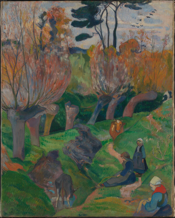 Paul Gauguin – Landschaft aus der Bretagne, eine hügelige Landschaft mit Kopfbäumen, zwei Kühen und drei Gestalten, handgemaltes Leinwandgemälde