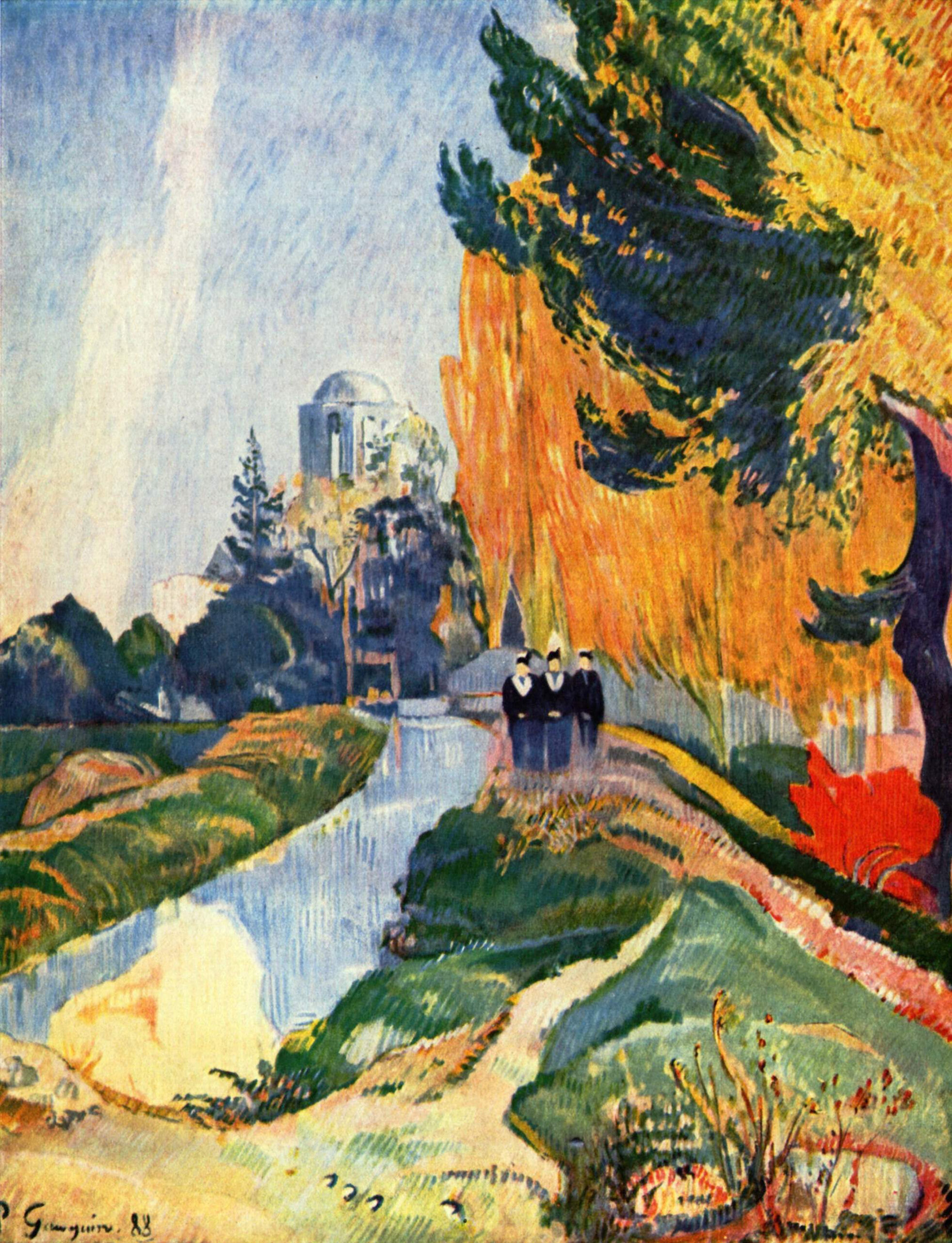 Paul Gauguin – Les Alyscamps (Die Alyscamps), eine Herbstallee am Wasser, mit der Kuppel einer Kapelle und drei Gestalten auf dem Weg, Leinwandgemälde fürs Wohnzimmer