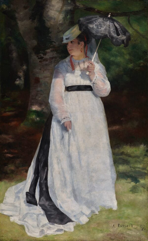 Lise with a Parasol, a young woman in a white dress with a black sash holding a black lace parasol at the edge of a wood – hand-painted oil reproduction of Renoir’s painting