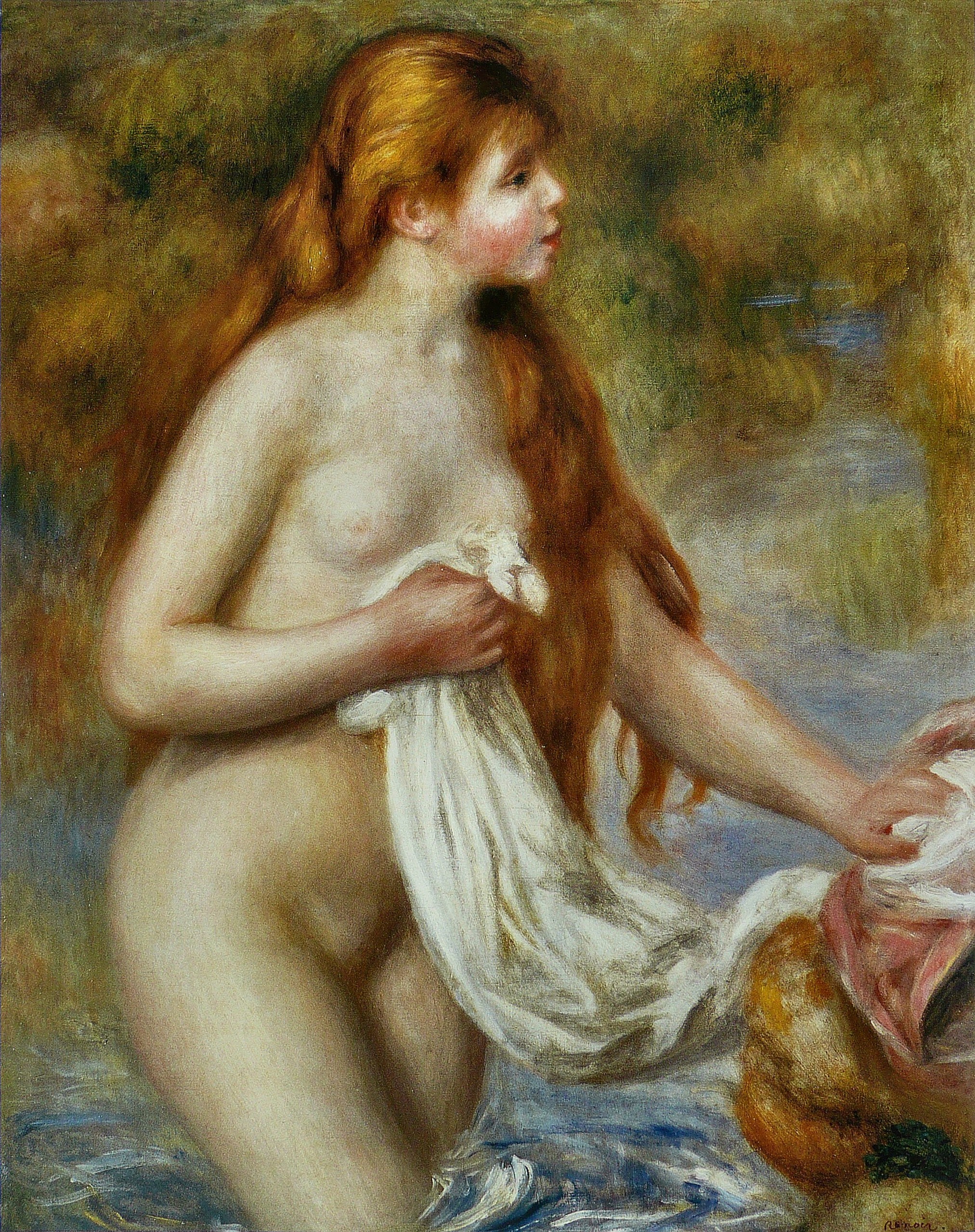 Long-haired Bather, standing nude in shallow water holding a white cloth – hand-painted oil reproduction of Renoir’s painting