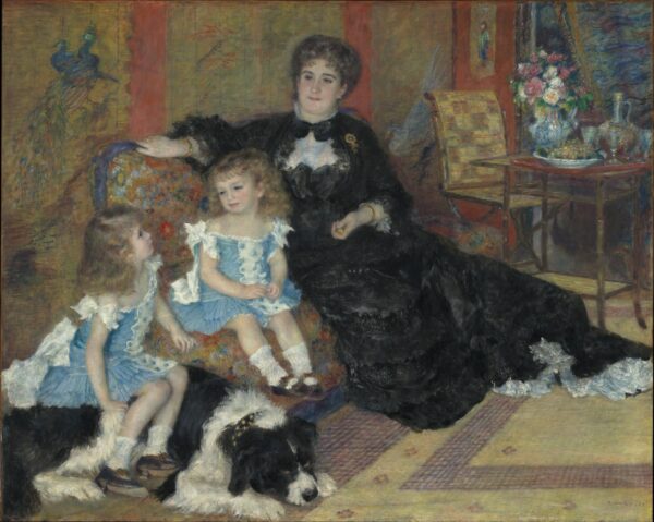 Madame Charpentier and Her Children, a woman in black on a flowered sofa with two children and a large dog – hand-painted oil reproduction of Renoir’s painting