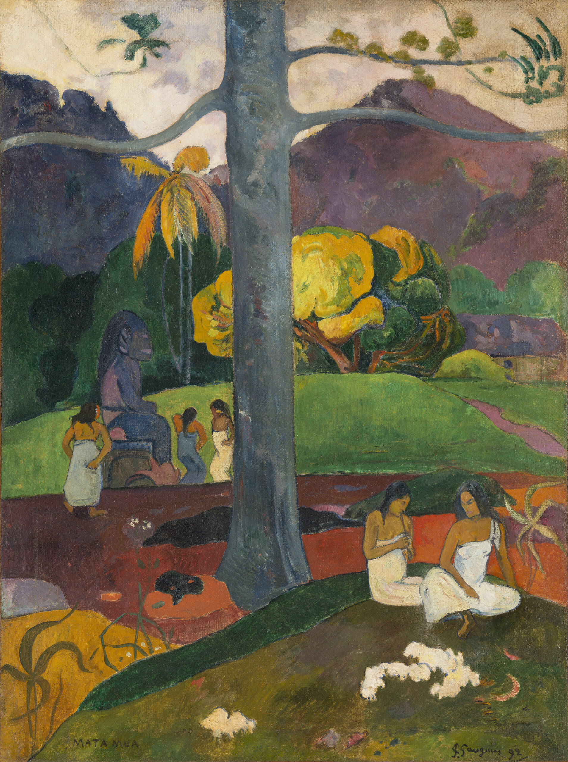 Paul Gauguin – Mata Mua (Einst), ein hoher Stamm in der Mitte, links eine Statue mit Menschen, rechts zwei sitzende Frauen, Ölgemälde Reproduktion