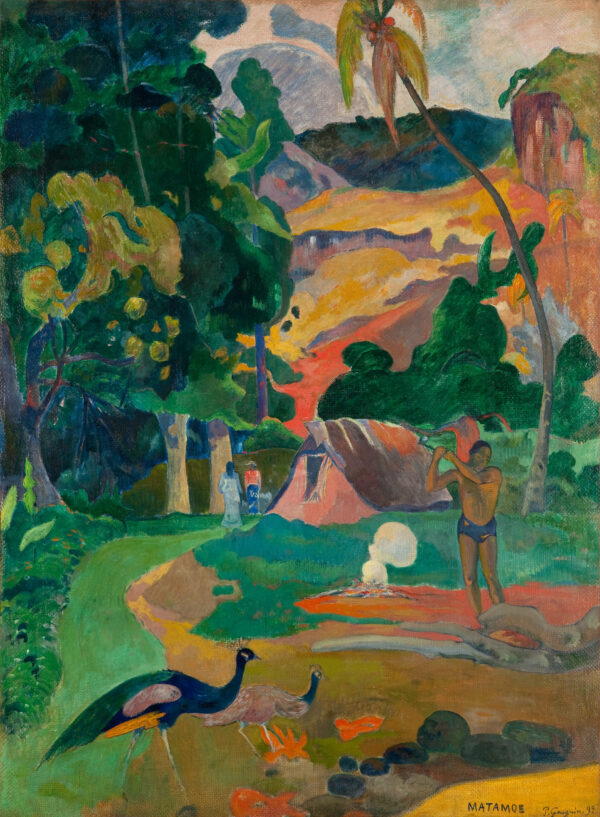 Paul Gauguin – Matamoe (Landschaft mit Pfauen), zwei Pfauen im Gras, dahinter ein Mann mit der Axt, Rauch, eine Hütte und ein Berghang, Gemälde auf Leinwand