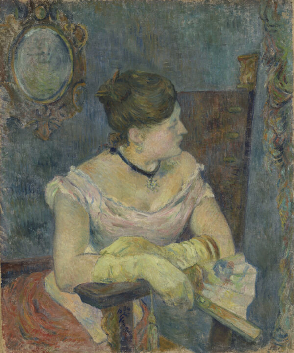 Paul Gauguin – Mette Gauguin im Abendkleid, eine sitzende Frau im Abendkleid, verkehrt herum auf dem Stuhl, Gemälde auf Leinwand
