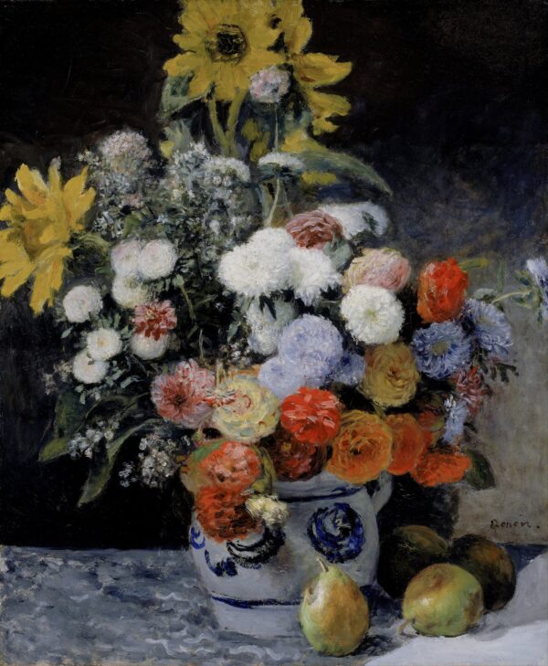Mixed Flowers in an Earthenware Pot, a tall bouquet with sunflowers and zinnias in a blue-and-white pot against a dark ground – hand-painted oil reproduction of Renoir’s painting