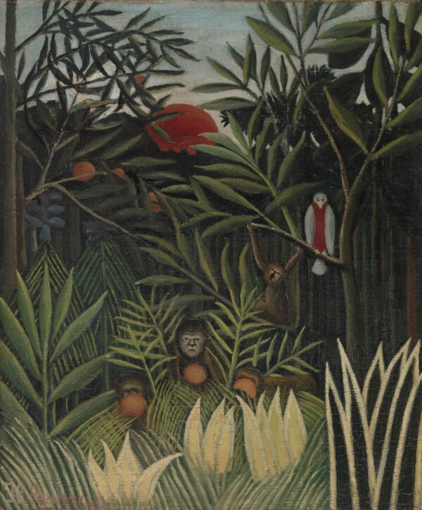 Henri Rousseau, Scimmie e pappagallo nella foresta vergine - un pappagallo bianco dal petto rosso su un ramo, una scimmia bruna appesa, più in basso due scimmie con un frutto arancione